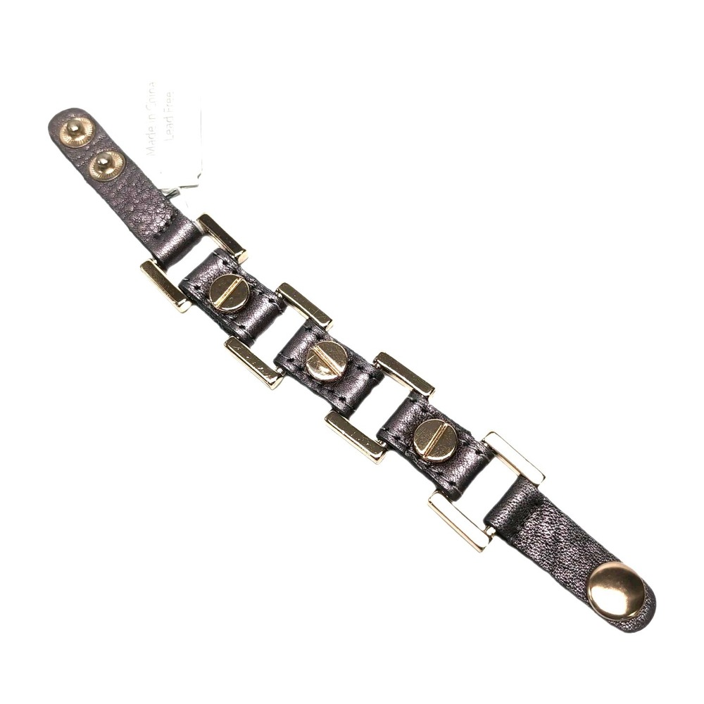 NEW Tasha Gray Faux Leather Gold Link Cuff Bracelet Snap Closure Boho Grunge